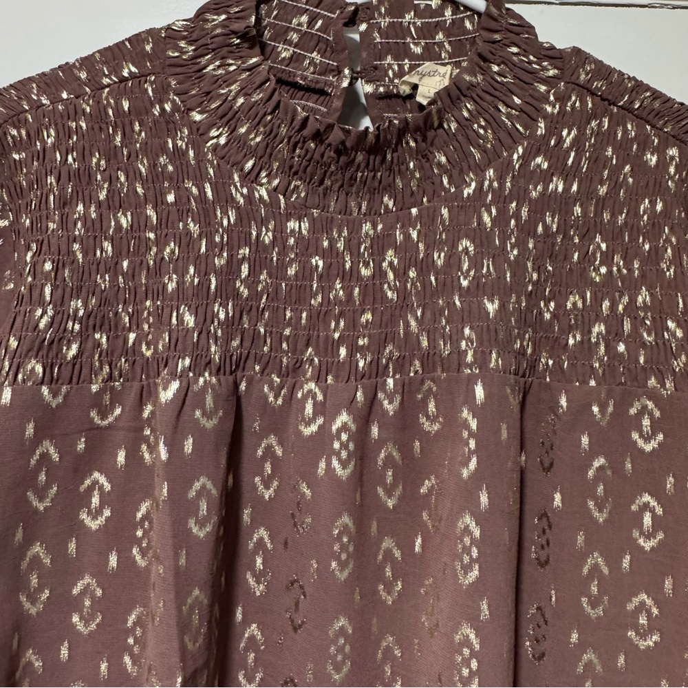 Mystree Brown and Gold Smocked Blouse - Picture 3 of 11